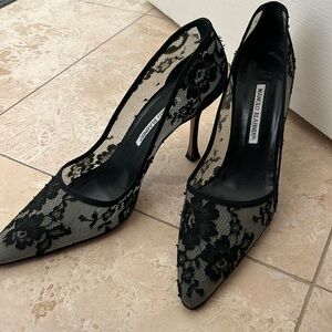 rare Manolo Blahnik black lace and satin heels